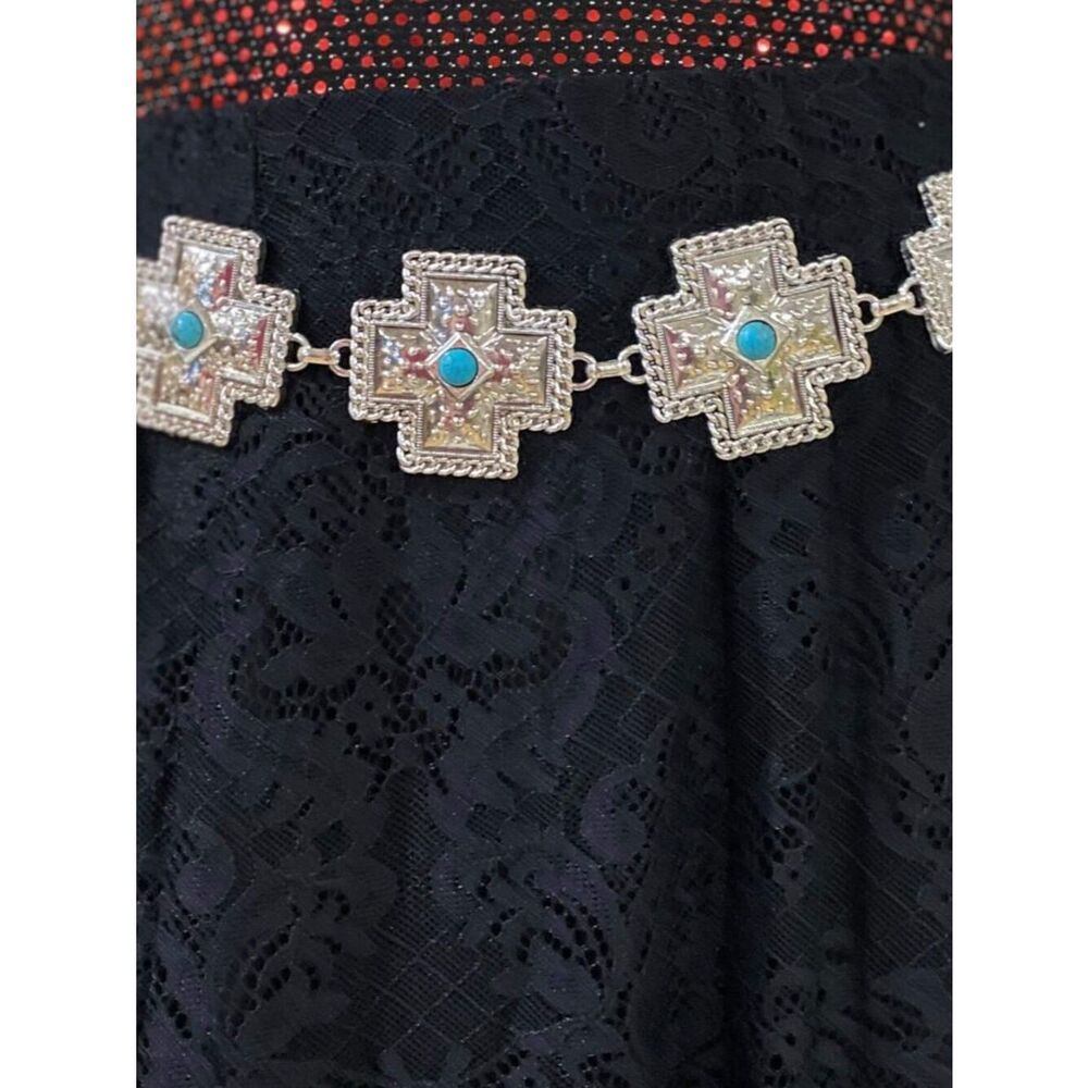 Silver Turquoise Cross Concho Belt | Western Medallion Link Belt | Boho Cowgirl